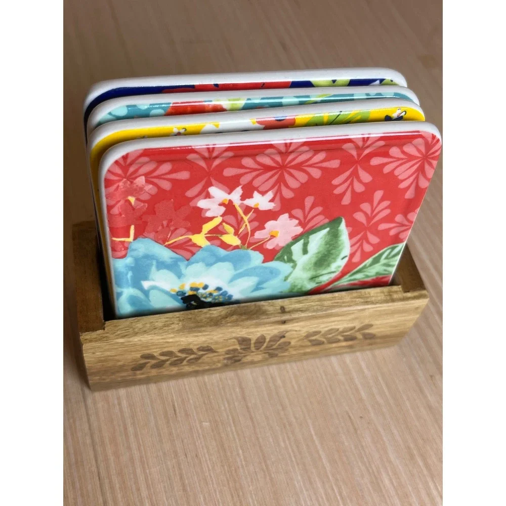 The Pioneer Woman Floral Ceramic Coaster Set of 4 with Engraved Wood Holder Boho